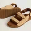 Junior Noa-sandalen van beige raffia en bruin leer