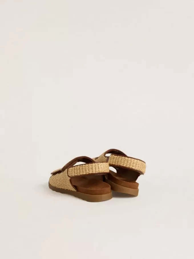 Junior Noa-sandalen van beige raffia en bruin leer