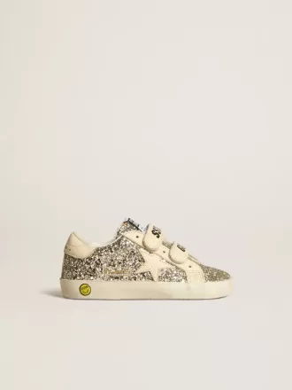 Junior Old School in platina glitter met leren ster en hielstuk