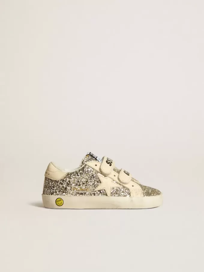Junior Old School in platina glitter met leren ster en hielstuk