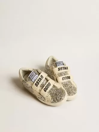 Junior Old School in platina glitter met leren ster en hielstuk