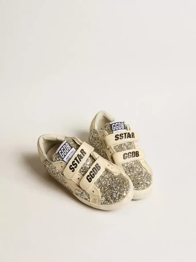 Junior Old School in platina glitter met leren ster en hielstuk