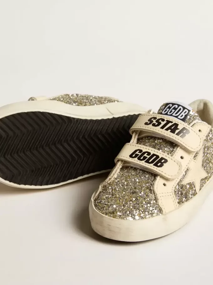 Junior Old School in platina glitter met leren ster en hielstuk