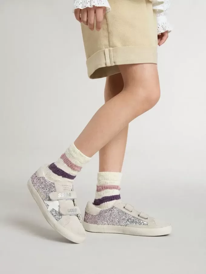 Junior Old School in zilver en roze glitter met witte leren ster