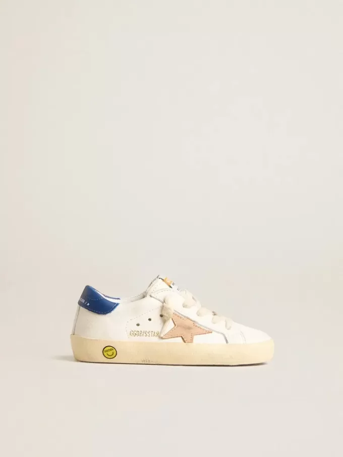 Junior Super-Star van nappaleer met een beige ster en blauwe hiellip.