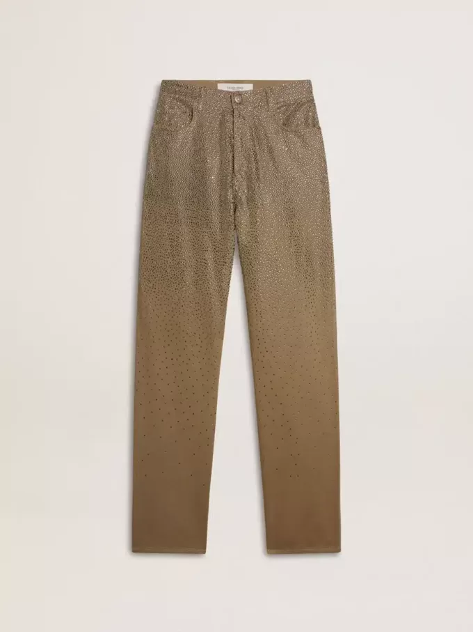 Kaki katoenen damesbroek met kleurverloop en Swarovski-effect