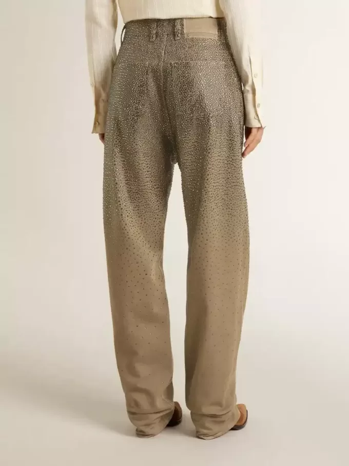 Kaki katoenen damesbroek met kleurverloop en Swarovski-effect