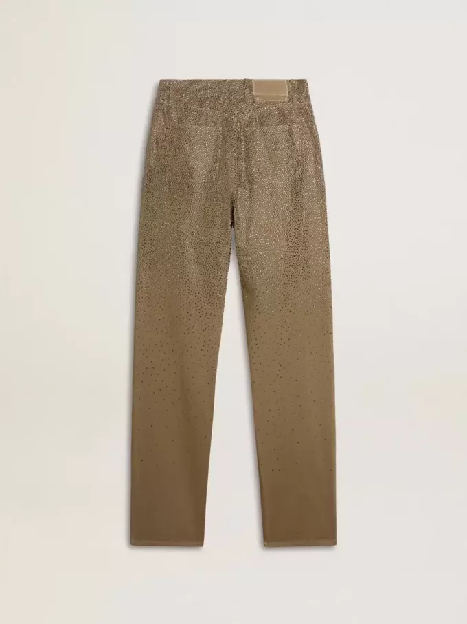 Kaki katoenen damesbroek met kleurverloop en Swarovski-effect