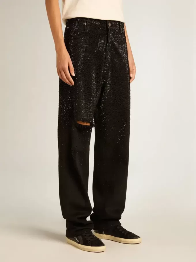 Katoenen denim broek voor dames met kristallen versiering met schaduweffect