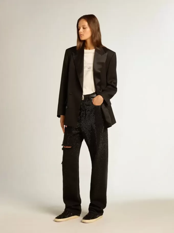 Katoenen denim broek voor dames met kristallen versiering met schaduweffect