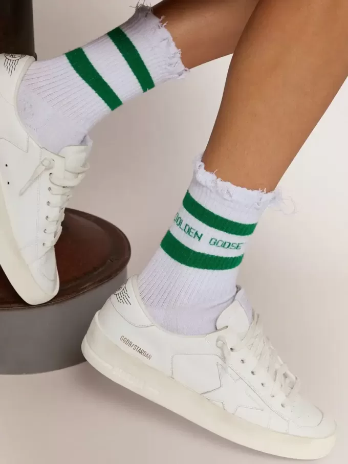 Katoenen sokken met distressed afwerking, groene strepen en logo