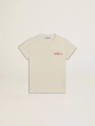 Katoenen T-shirt voor meisjes in versleten wit met rood borduursel op de borst.