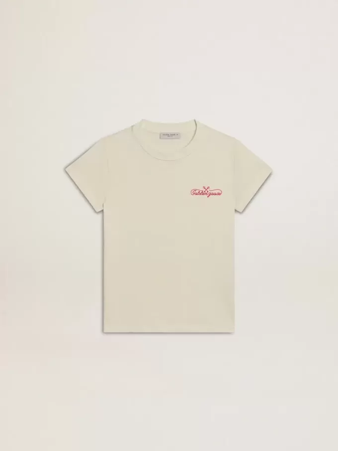 Katoenen T-shirt voor meisjes in versleten wit met rood borduursel op de borst.