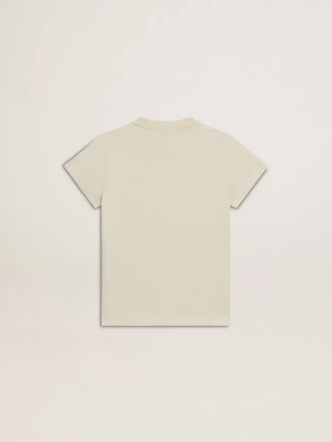 Katoenen T-shirt voor meisjes in versleten wit met rood borduursel op de borst.