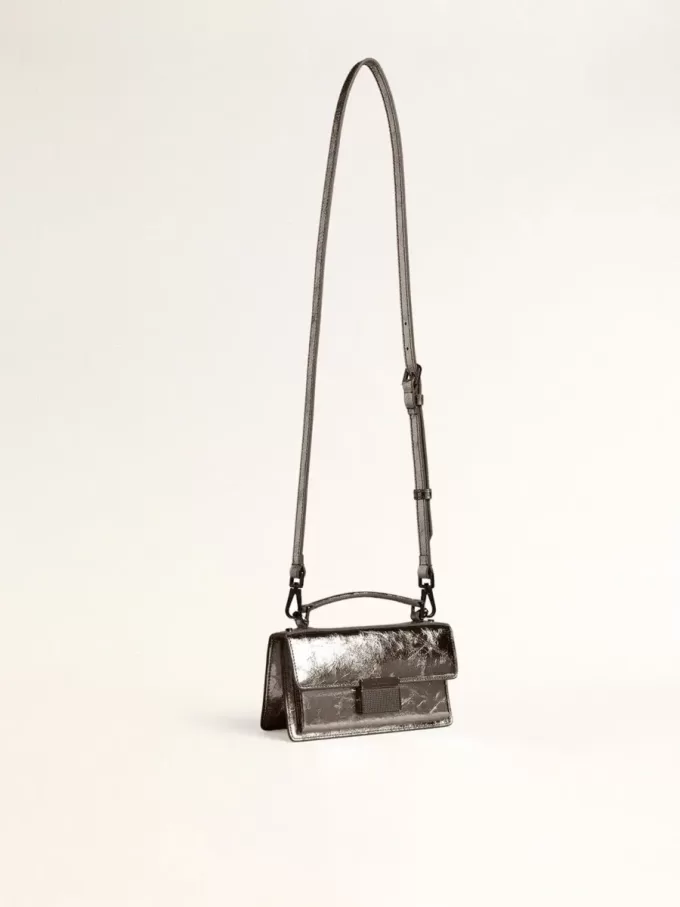 Kleine Venezia-tas in antracietgrijs metallic leer met zwarte details