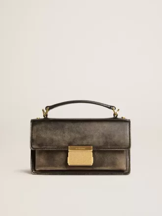 Kleine Venezia-tas in zwart distressed leer met gouden details
