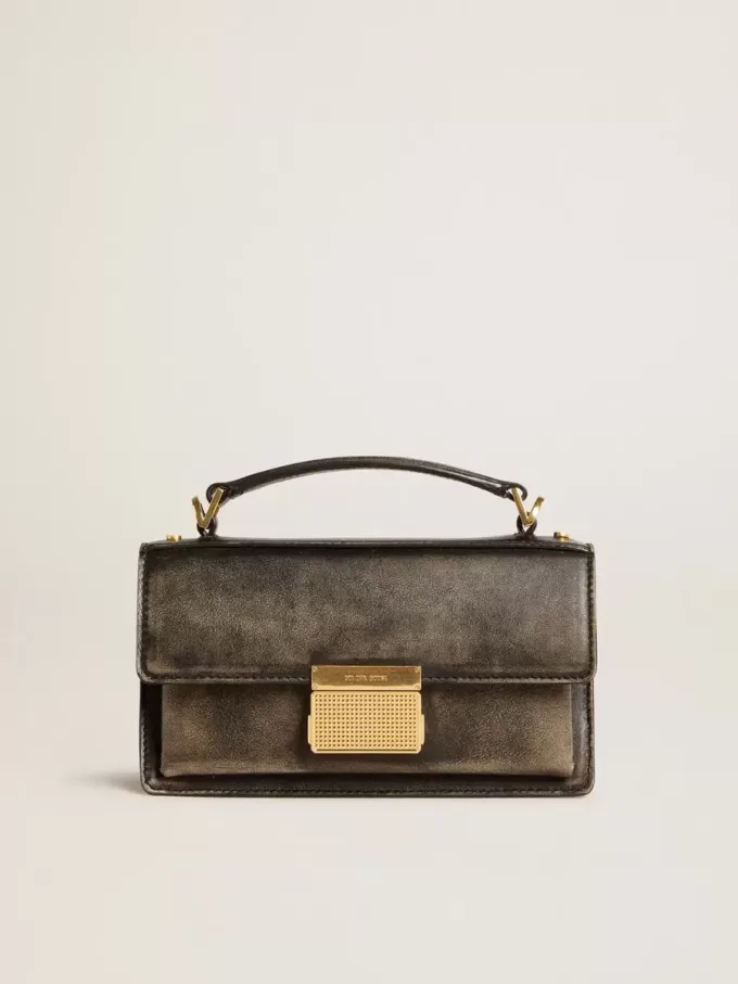 Kleine Venezia-tas in zwart distressed leer met gouden details