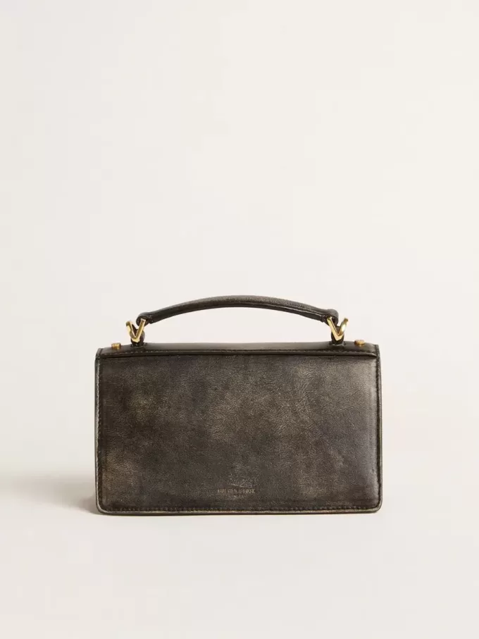 Kleine Venezia-tas in zwart distressed leer met gouden details