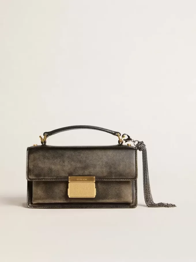 Kleine Venezia-tas in zwart distressed leer met gouden details