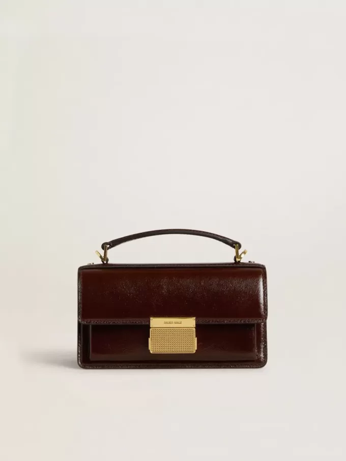 Kleine Venezia-tas van donkerbruin gelamineerd leer met gouden details
