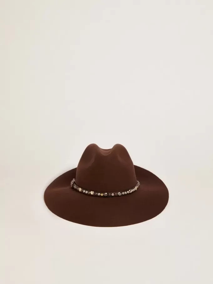 Koffiebruine hoed met leren riem met studs