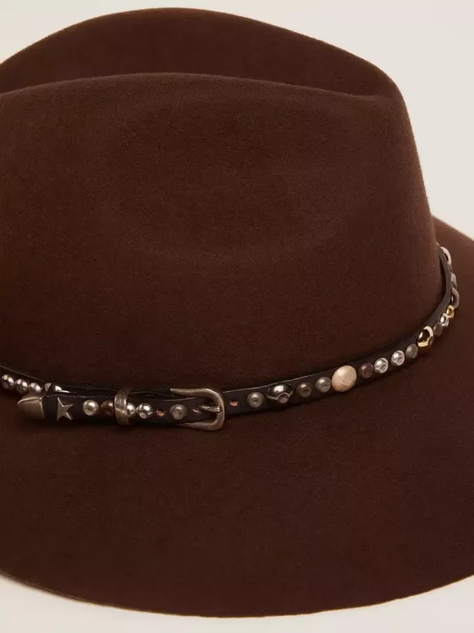 Koffiebruine hoed met leren riem met studs