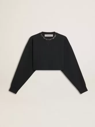 Kort katoenen sweatshirt voor dames met kristallen op de voorkant