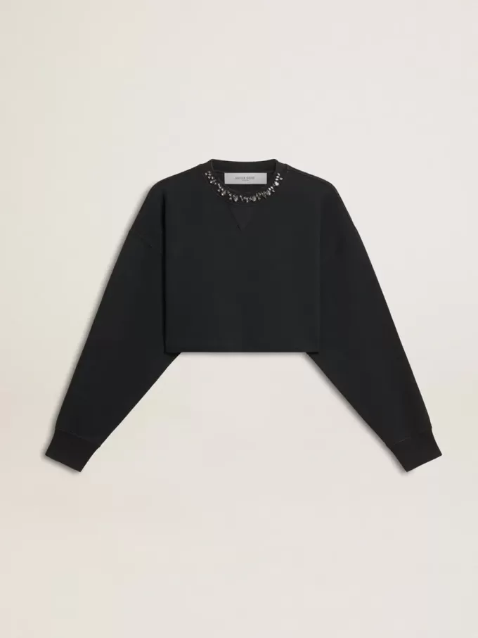 Kort katoenen sweatshirt voor dames met kristallen op de voorkant
