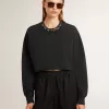 Kort katoenen sweatshirt voor dames met kristallen op de voorkant