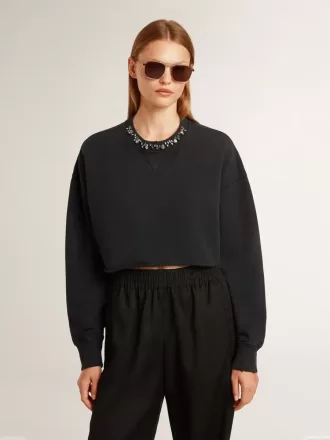 Kort katoenen sweatshirt voor dames met kristallen op de voorkant