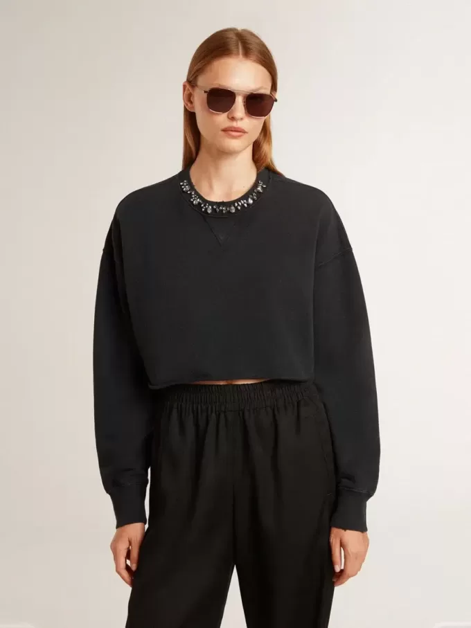 Kort katoenen sweatshirt voor dames met kristallen op de voorkant