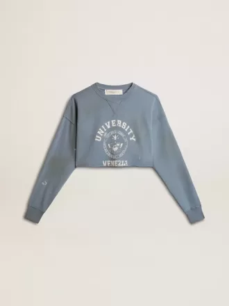 Kort sweatshirt in babyblauw met distressed afwerking