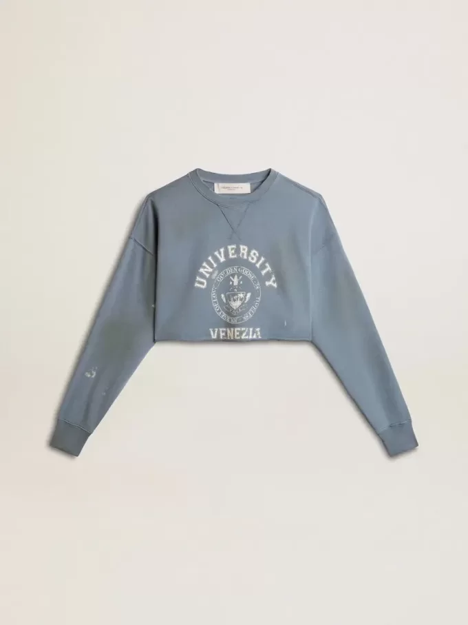 Kort sweatshirt in babyblauw met distressed afwerking