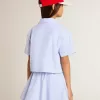 Korte blouse voor meisjes van gestreept lichtblauw katoen
