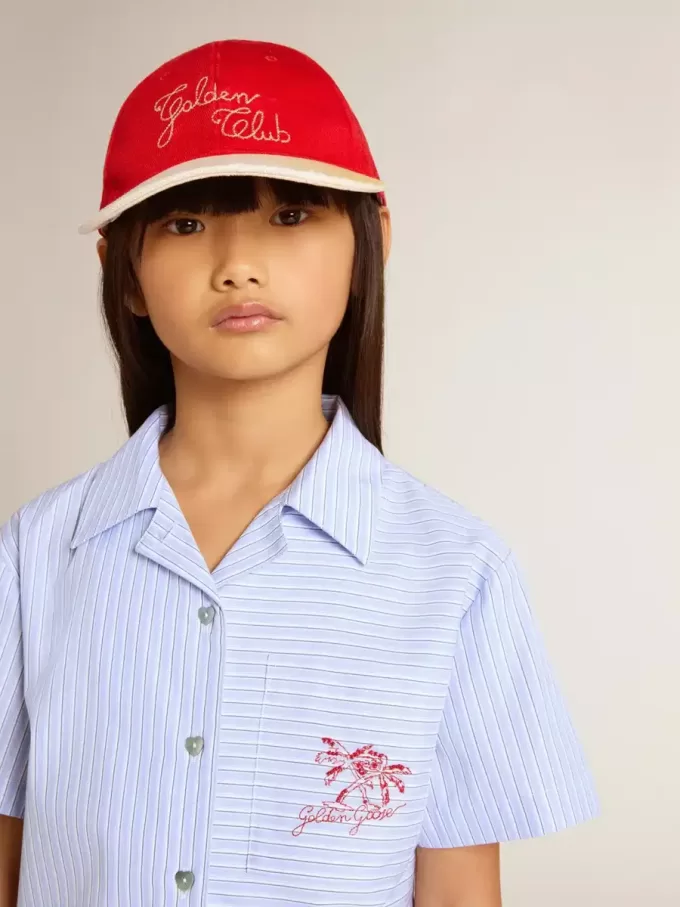 Korte blouse voor meisjes van gestreept lichtblauw katoen