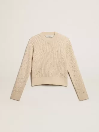 Korte trui met ronde hals van beige wol met kristallen over het hele oppervlak