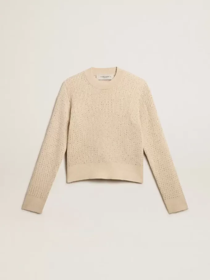 Korte trui met ronde hals van beige wol met kristallen over het hele oppervlak