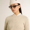 Korte trui met ronde hals van beige wol met kristallen over het hele oppervlak