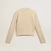 Korte trui met ronde hals van beige wol met kristallen over het hele oppervlak