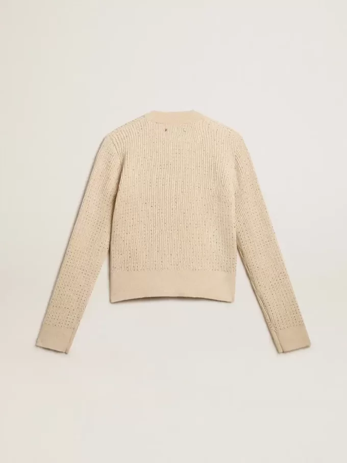 Korte trui met ronde hals van beige wol met kristallen over het hele oppervlak