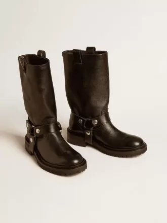 Kurt-laarzen van glanzend zwart leer met zilverkleurige gesp en studs