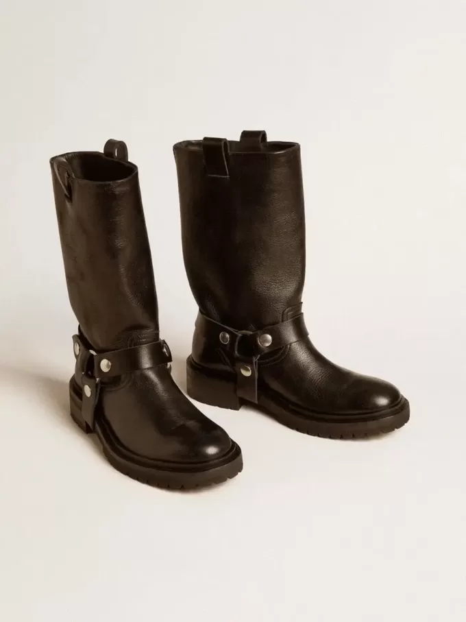 Kurt-laarzen van glanzend zwart leer met zilverkleurige gesp en studs