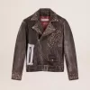 Leren motorjack voor heren met gehamerde studs en klittenband