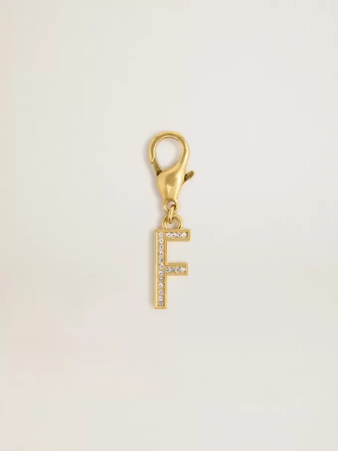 Letter F-bedeltje in goudkleurig messing met kristallen