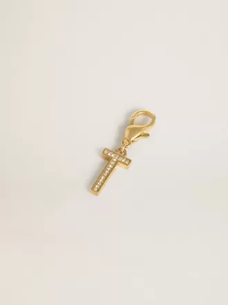 Letter T-bedeltje van goudkleurig messing met kristallen