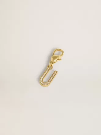 Letter U-bedeltje van goudkleurig messing met kristallen