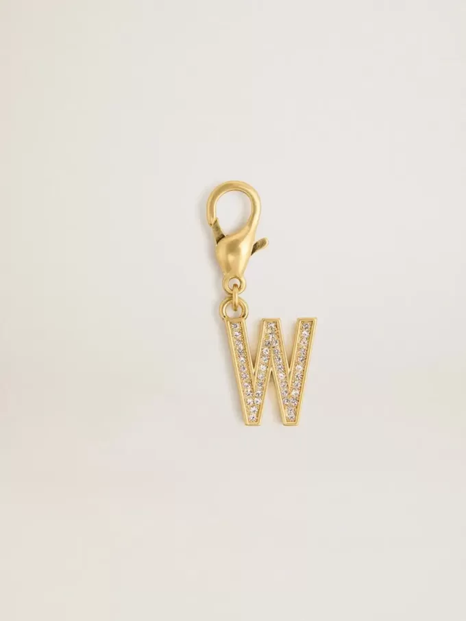 Letter W-bedeltje van goudkleurig messing met kristallen