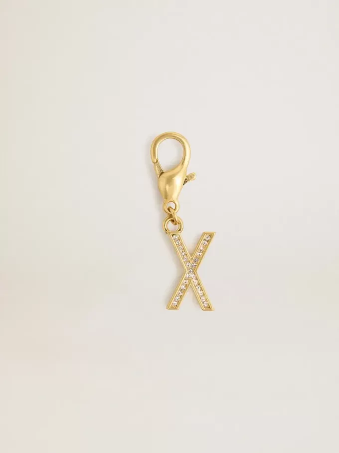 Letter X-bedeltje van goudkleurig messing met kristallen
