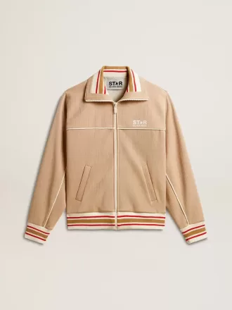 Lichtbeige dames sweatshirt met ritssluiting en wit logo