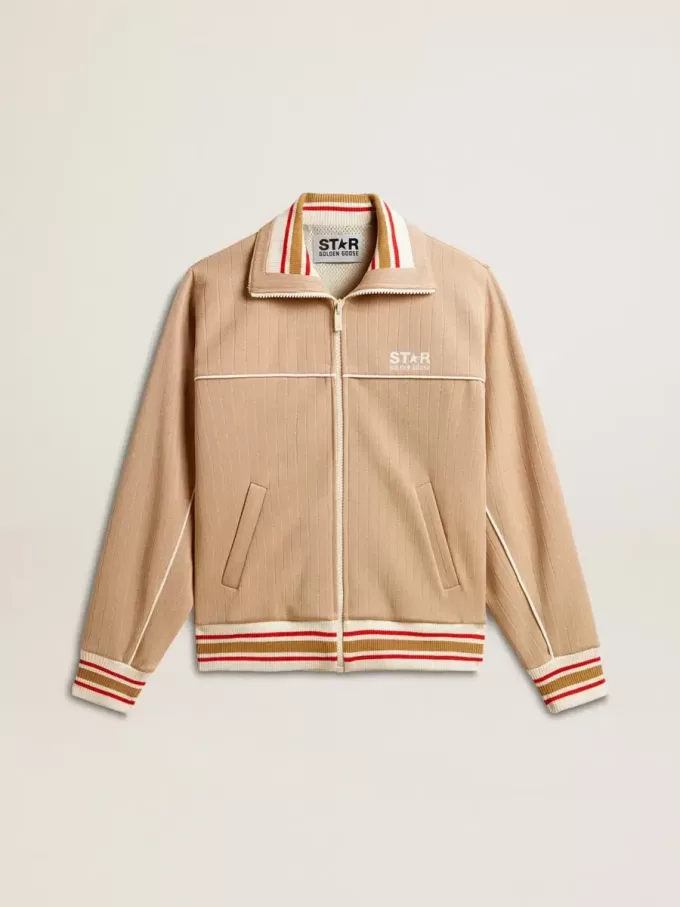 Lichtbeige dames sweatshirt met ritssluiting en wit logo